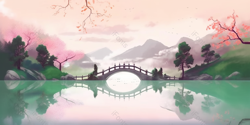 山水湖泊桃林自然水墨背景,插画/手绘图,插画/手绘图库,插画/手绘图下载,插画/手绘